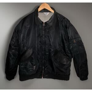 VTG Expressions Original Bomber Jacket Black Nylon Leather Trim Pockets L 42/44
